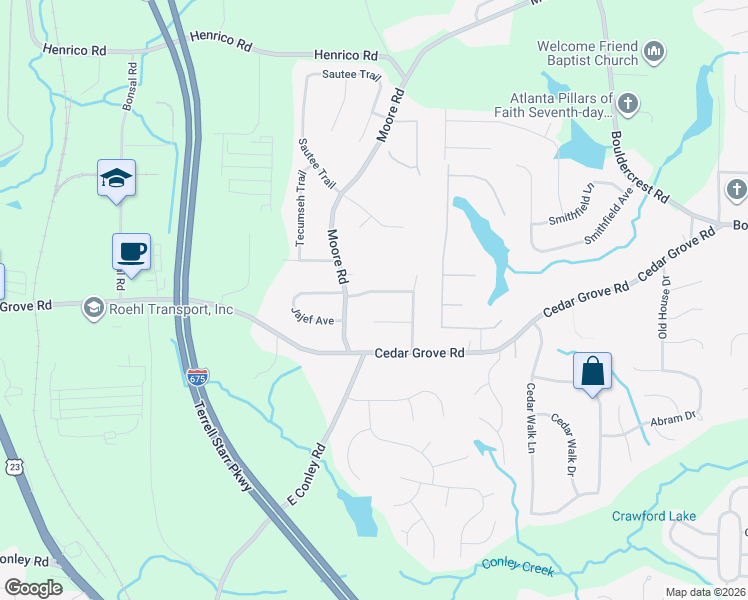 map of restaurants, bars, coffee shops, grocery stores, and more near 1796 Janjolin Way in Conley
