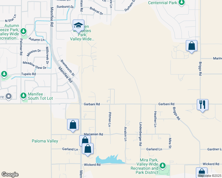 map of restaurants, bars, coffee shops, grocery stores, and more near Leeanne Lane in Menifee