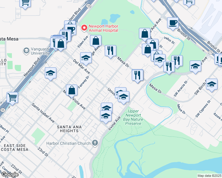 map of restaurants, bars, coffee shops, grocery stores, and more near 330 University Drive in Costa Mesa