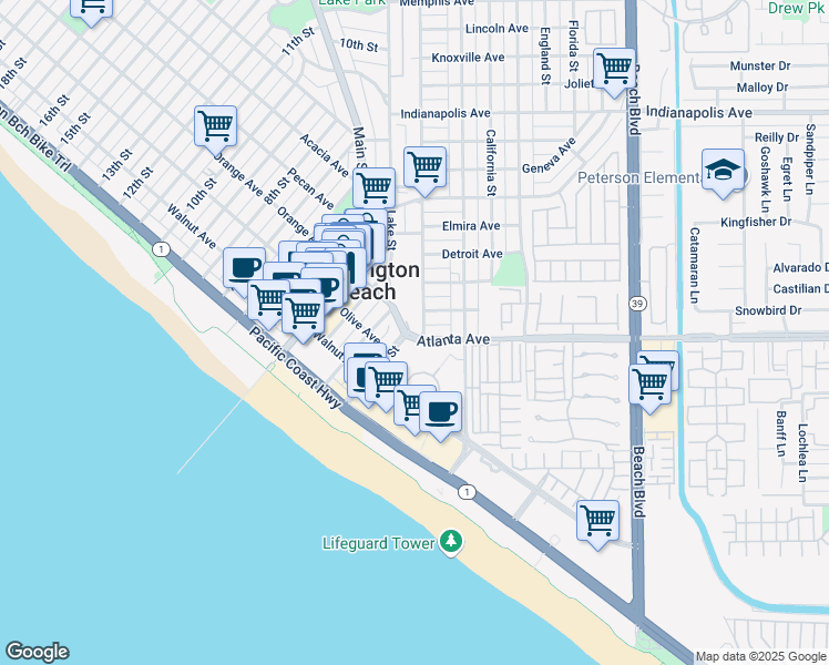 map of restaurants, bars, coffee shops, grocery stores, and more near 145 Atlanta Avenue in Huntington Beach