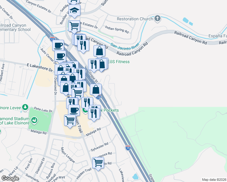 map of restaurants, bars, coffee shops, grocery stores, and more near 15651 Vista Way in Lake Elsinore