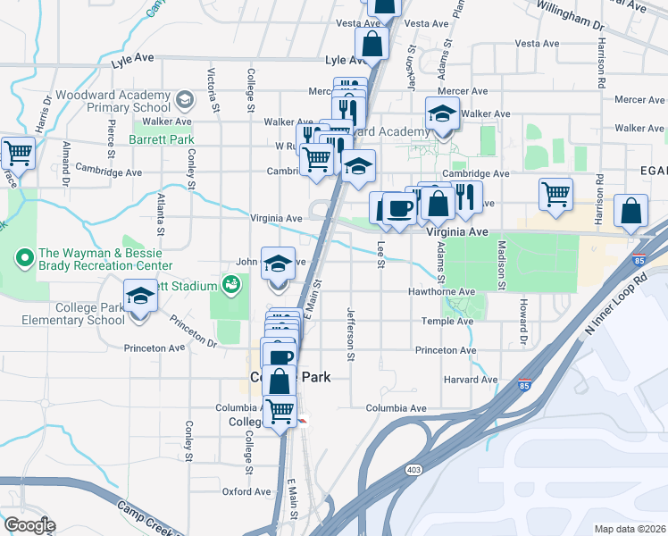 map of restaurants, bars, coffee shops, grocery stores, and more near 3548 Main Street in Atlanta