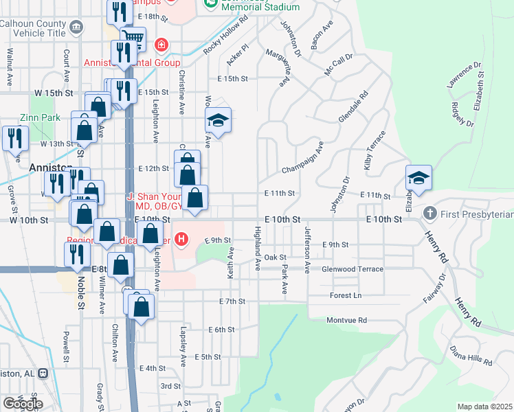 map of restaurants, bars, coffee shops, grocery stores, and more near 1050 Highland Avenue in Anniston