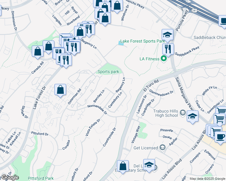 map of restaurants, bars, coffee shops, grocery stores, and more near 20947 Parkridge in Lake Forest
