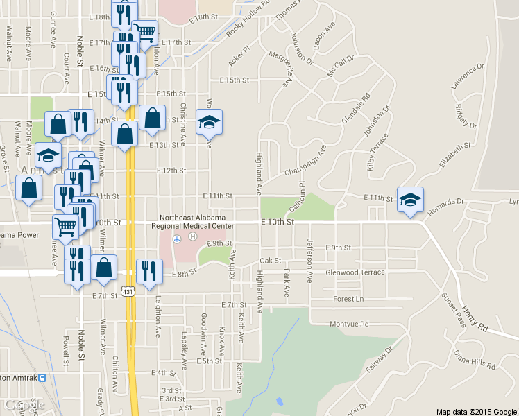 map of restaurants, bars, coffee shops, grocery stores, and more near Highland Avenue in Anniston