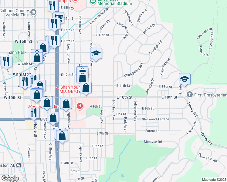 map of restaurants, bars, coffee shops, grocery stores, and more near Highland Avenue in Anniston