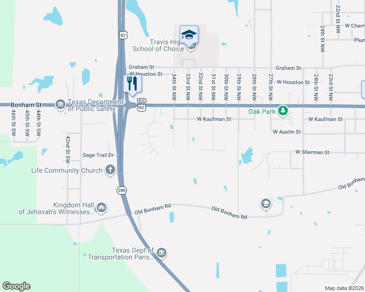 map of restaurants, bars, coffee shops, grocery stores, and more near 320 33rd Street Southwest in Paris