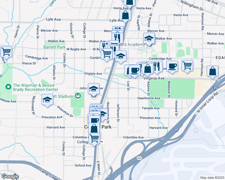 map of restaurants, bars, coffee shops, grocery stores, and more near 1780 John Calvin Avenue in College Park