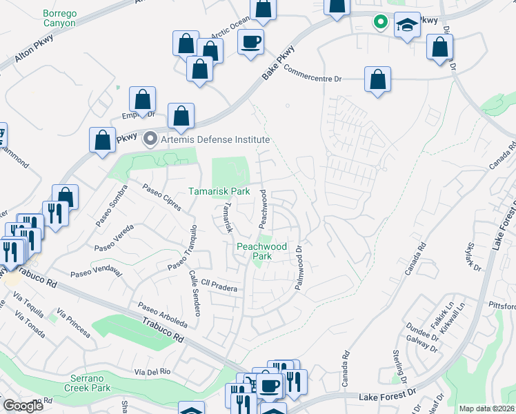 map of restaurants, bars, coffee shops, grocery stores, and more near 21016 Champlain in Lake Forest