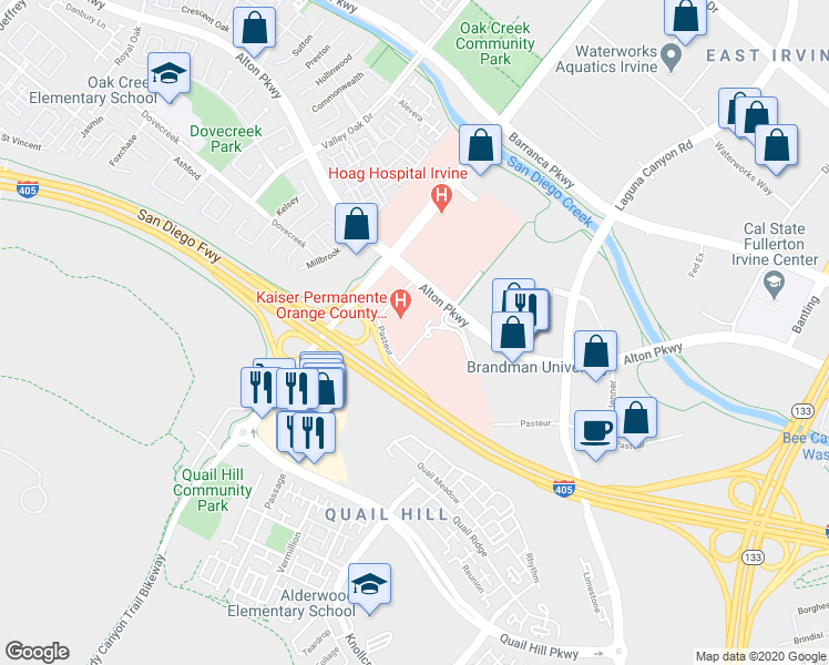 map of restaurants, bars, coffee shops, grocery stores, and more near 6650 Alton Parkway in Irvine