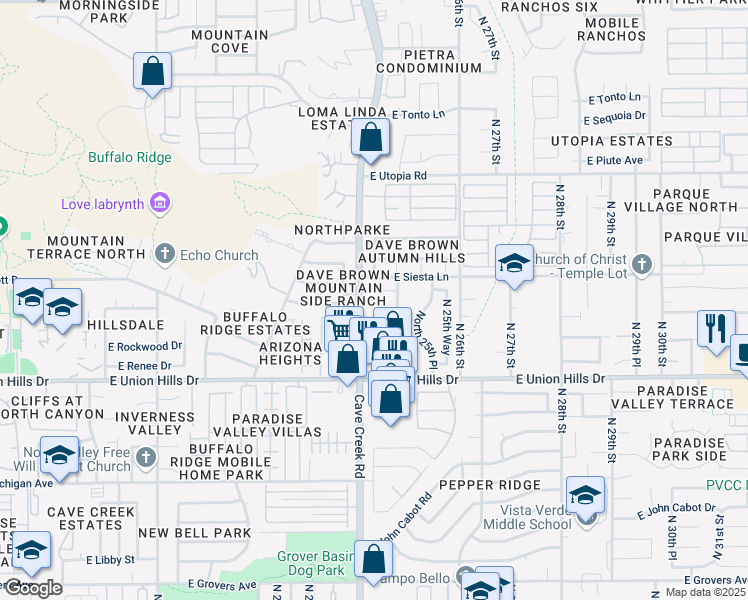 map of restaurants, bars, coffee shops, grocery stores, and more near 2404 East Morrow Drive in Phoenix