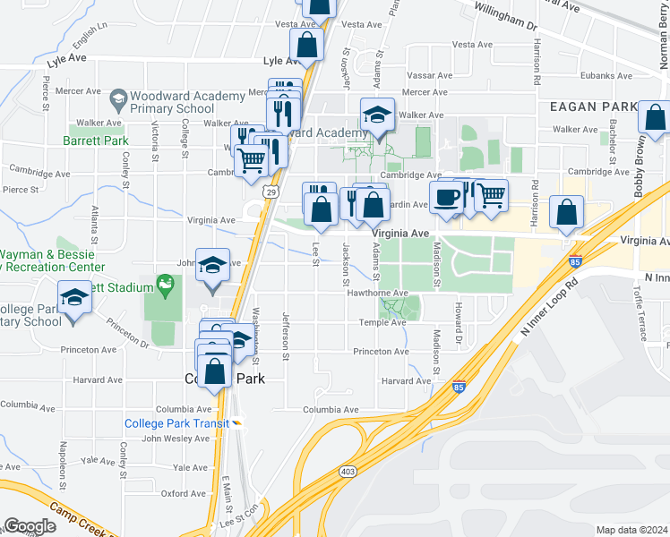 map of restaurants, bars, coffee shops, grocery stores, and more near 1684 John Calvin Avenue in College Park