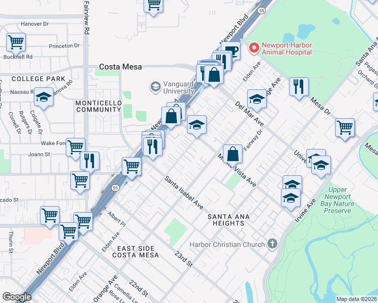 map of restaurants, bars, coffee shops, grocery stores, and more near 152 Terraza Court in Costa Mesa
