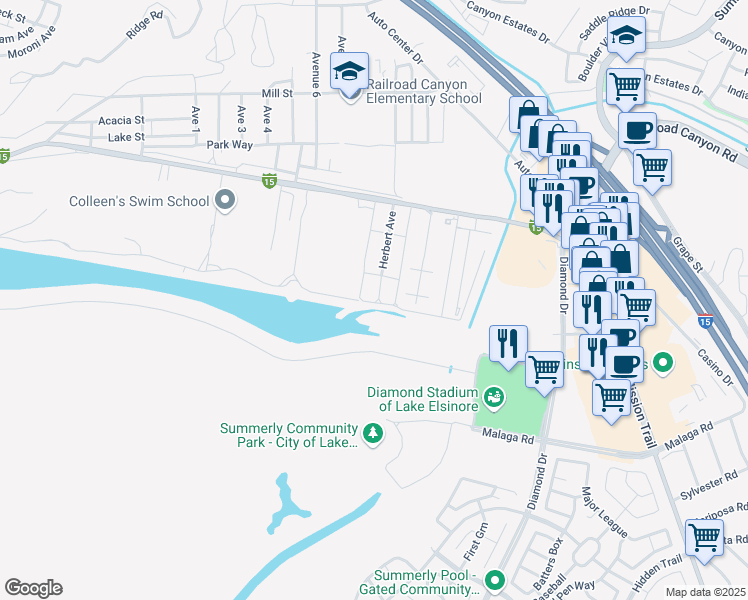 map of restaurants, bars, coffee shops, grocery stores, and more near 0 Herbert Avenue in Lake Elsinore
