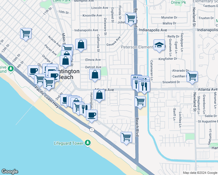 map of restaurants, bars, coffee shops, grocery stores, and more near 20981 Coastview Lane in Huntington Beach