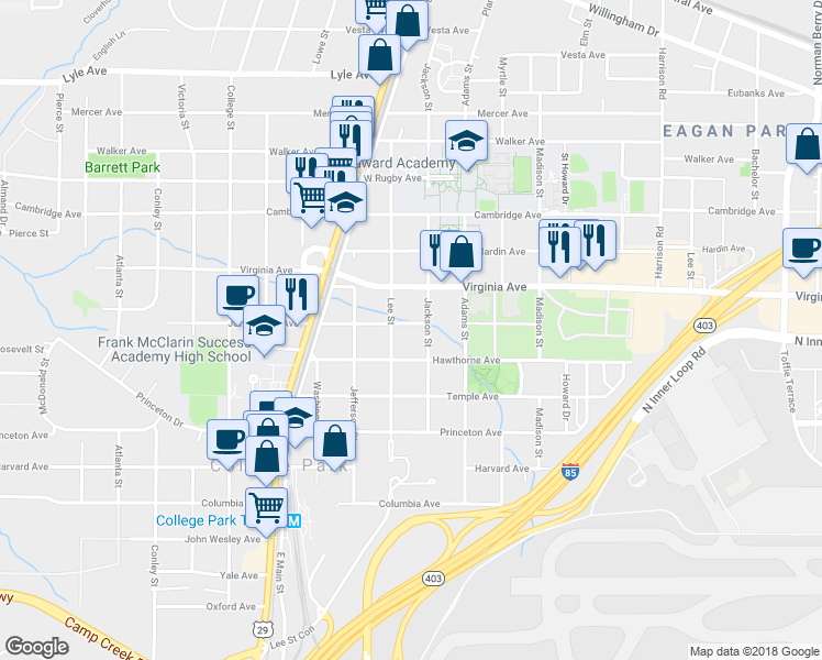 map of restaurants, bars, coffee shops, grocery stores, and more near 1688 John Calvin Avenue in College Park