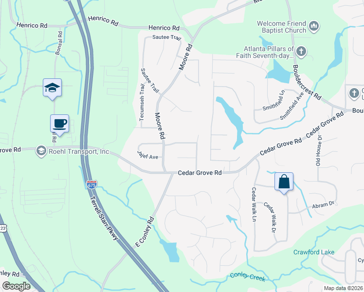 map of restaurants, bars, coffee shops, grocery stores, and more near 1795 Janjolin Way in Conley