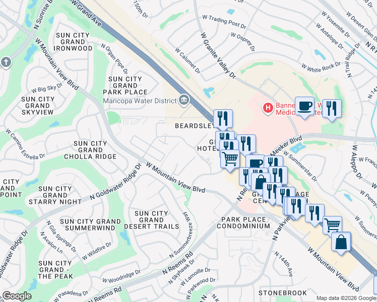 map of restaurants, bars, coffee shops, grocery stores, and more near West Goldwater Ridge Drive in Surprise