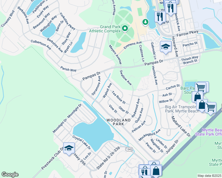 map of restaurants, bars, coffee shops, grocery stores, and more near 3776 Tea Rose Street in Myrtle Beach