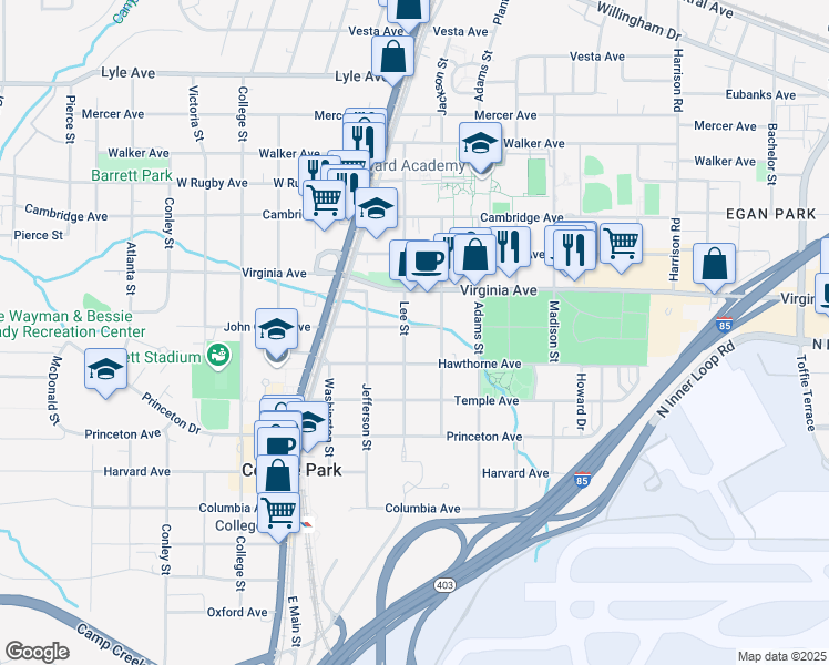 map of restaurants, bars, coffee shops, grocery stores, and more near 1700 John Calvin Avenue in College Park