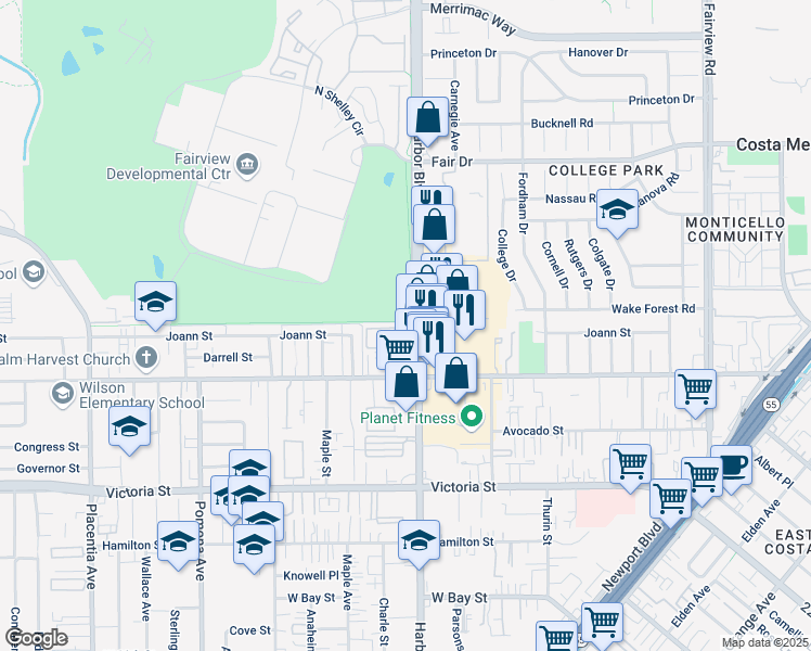 map of restaurants, bars, coffee shops, grocery stores, and more near 2299 Harbor Boulevard in Costa Mesa