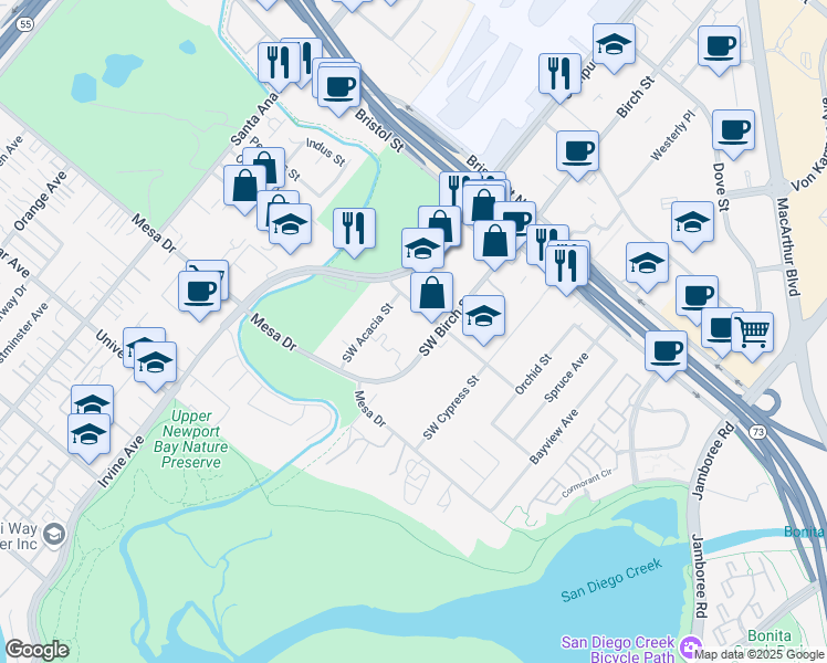 map of restaurants, bars, coffee shops, grocery stores, and more near 2056 Orchard Drive in Newport Beach