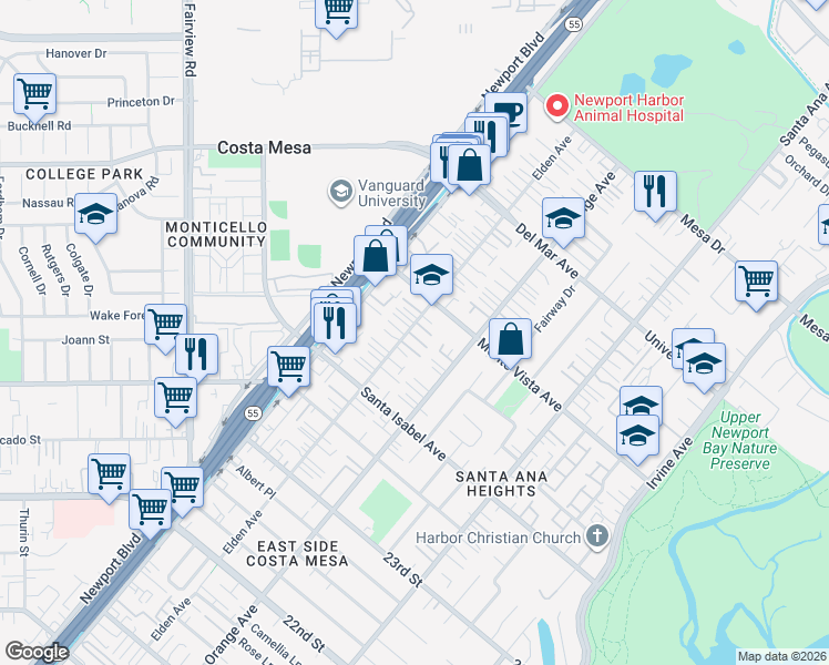 map of restaurants, bars, coffee shops, grocery stores, and more near 152 Terraza Court in Costa Mesa