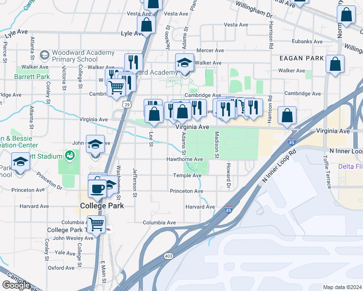 map of restaurants, bars, coffee shops, grocery stores, and more near 3553 Adams Street in Atlanta