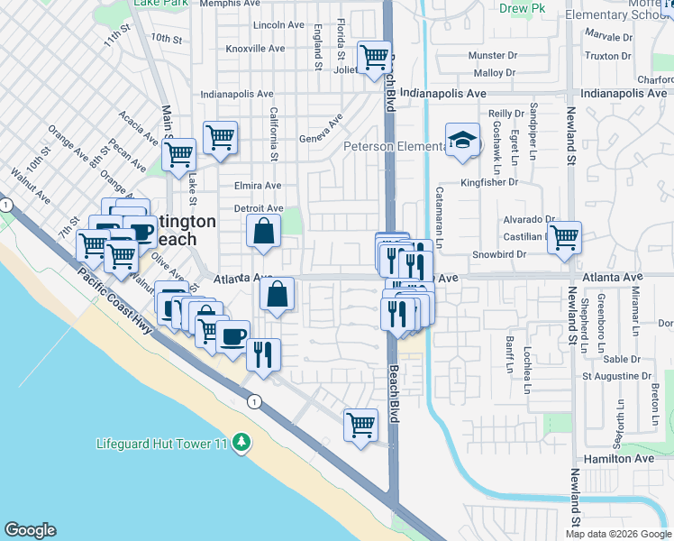 map of restaurants, bars, coffee shops, grocery stores, and more near 7846 Beachcomber Drive in Huntington Beach
