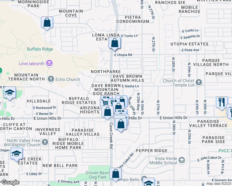 map of restaurants, bars, coffee shops, grocery stores, and more near 2404 East Morrow Drive in Phoenix