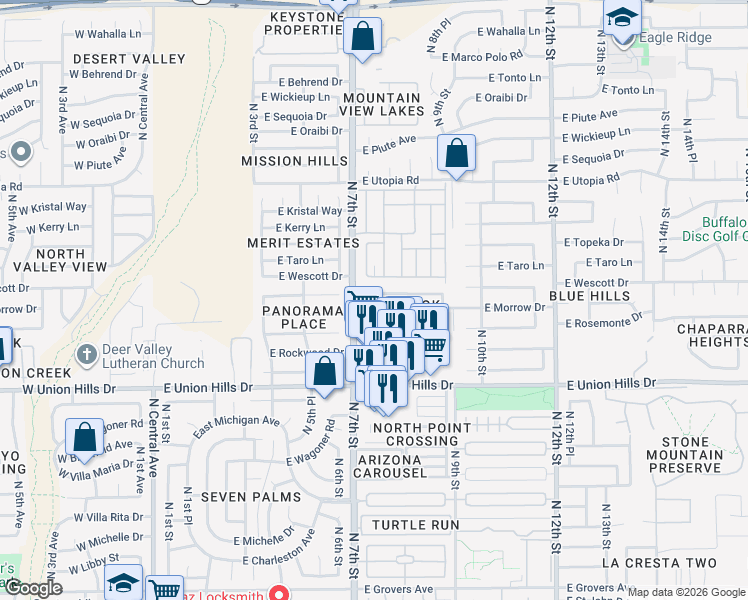 map of restaurants, bars, coffee shops, grocery stores, and more near 19401 North 7th Street in Phoenix