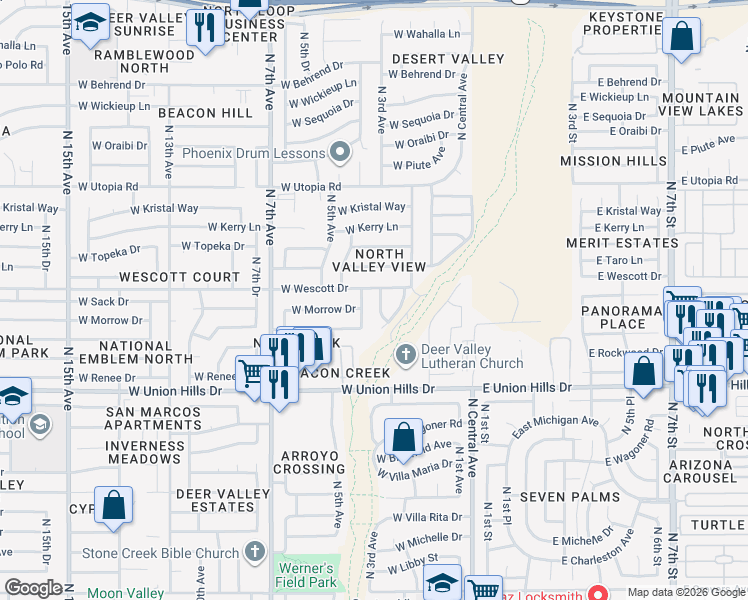 map of restaurants, bars, coffee shops, grocery stores, and more near 314 West Wescott Drive in Phoenix