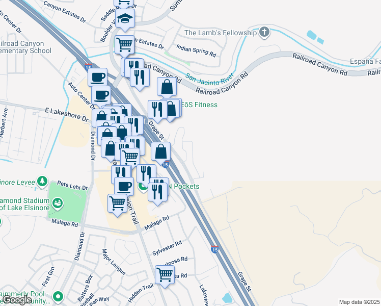 map of restaurants, bars, coffee shops, grocery stores, and more near 15663 Vista Way in Lake Elsinore