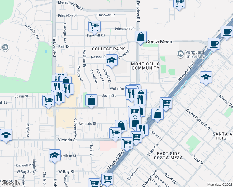 map of restaurants, bars, coffee shops, grocery stores, and more near 244 Wake Forest Road in Costa Mesa