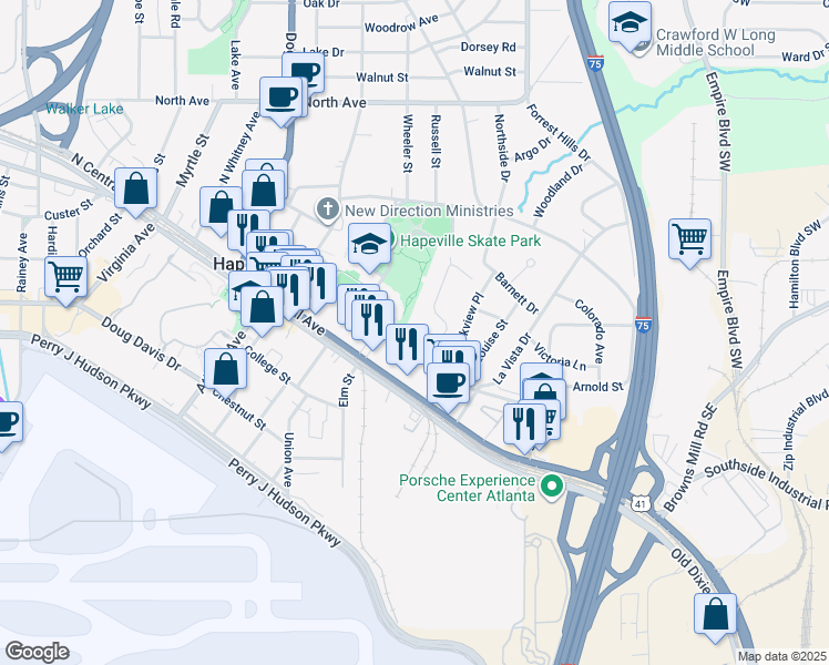 map of restaurants, bars, coffee shops, grocery stores, and more near 35 Central Park Drive in Hapeville