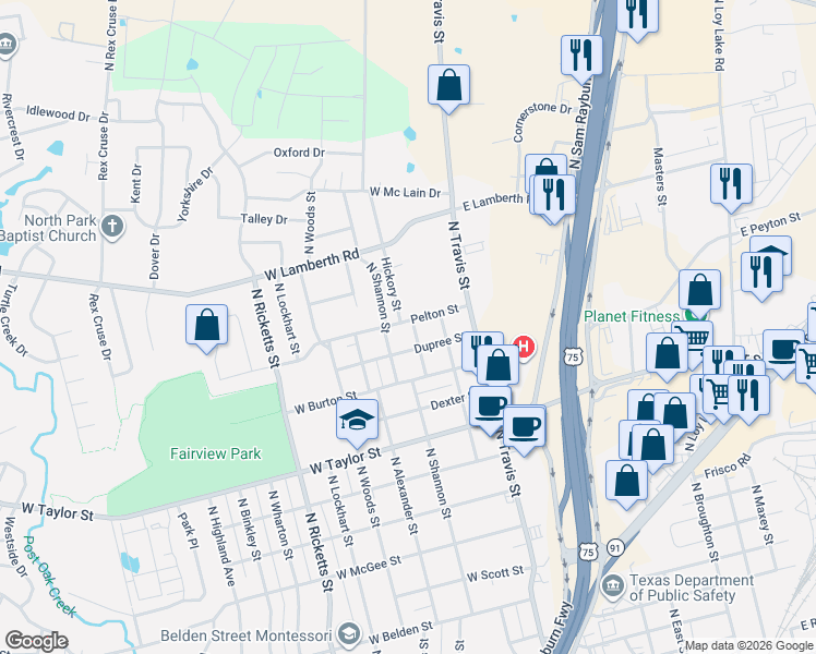 map of restaurants, bars, coffee shops, grocery stores, and more near 215 Pelton Street in Sherman