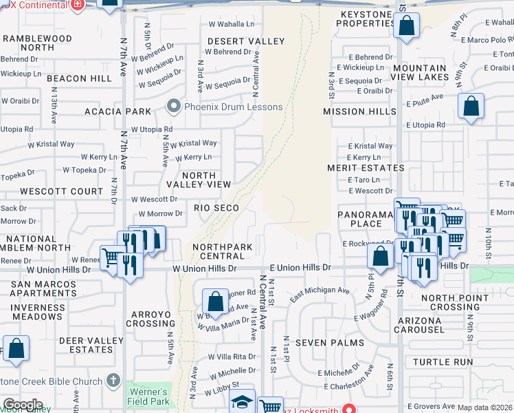 map of restaurants, bars, coffee shops, grocery stores, and more near 19001 North 2nd Avenue in Phoenix