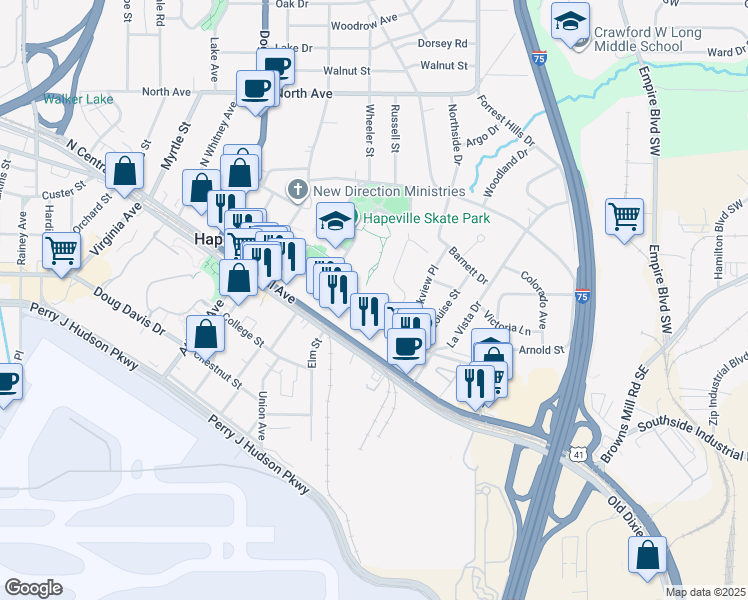 map of restaurants, bars, coffee shops, grocery stores, and more near 35 Central Park Drive in Hapeville
