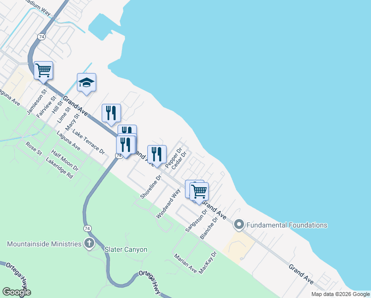 map of restaurants, bars, coffee shops, grocery stores, and more near 15948 Avondale Way in Lake Elsinore