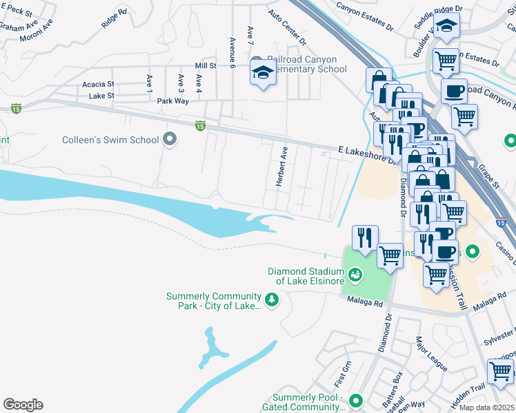 map of restaurants, bars, coffee shops, grocery stores, and more near 2 Morton Avenue in Lake Elsinore