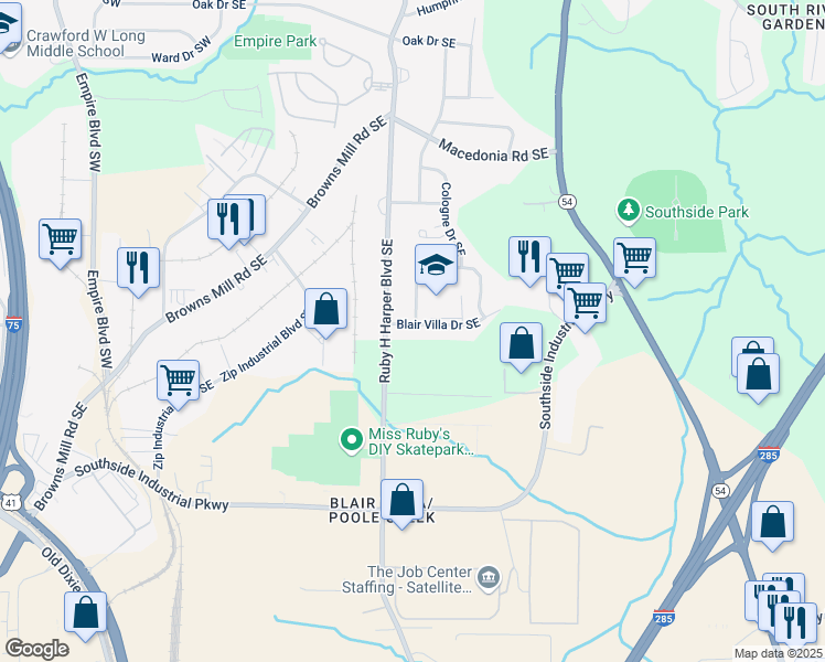 map of restaurants, bars, coffee shops, grocery stores, and more near 355 Blair Villa Drive Southeast in Atlanta