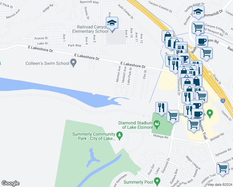 map of restaurants, bars, coffee shops, grocery stores, and more near 0 Morton Avenue in Lake Elsinore