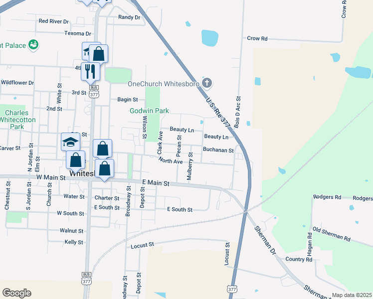 map of restaurants, bars, coffee shops, grocery stores, and more near 209 Buchanan Street in Whitesboro