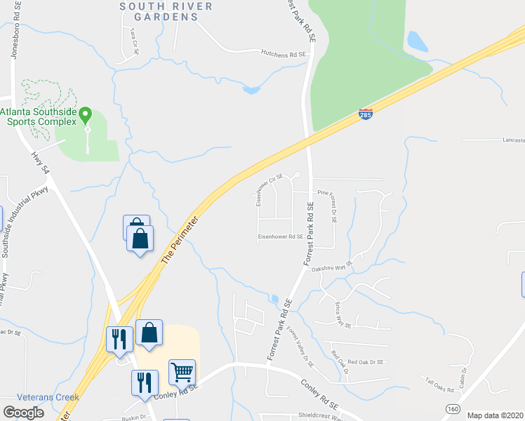 map of restaurants, bars, coffee shops, grocery stores, and more near 3532 Eisenhower Circle Southeast in Atlanta
