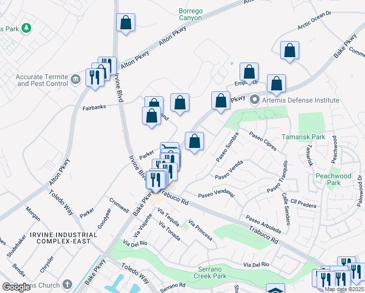 map of restaurants, bars, coffee shops, grocery stores, and more near Bake Parkway in Lake Forest