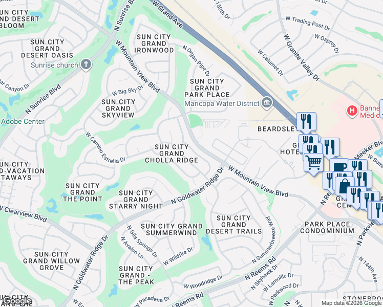 map of restaurants, bars, coffee shops, grocery stores, and more near 15144 West Cactus Ridge Way in Surprise