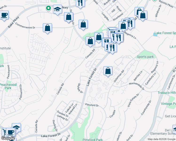 map of restaurants, bars, coffee shops, grocery stores, and more near in Lake Forest