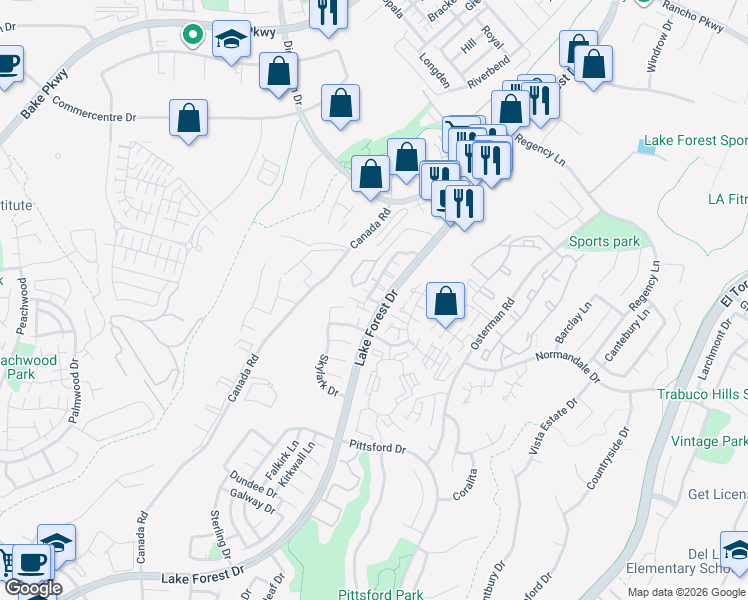 map of restaurants, bars, coffee shops, grocery stores, and more near 26245 Country Glen in Lake Forest