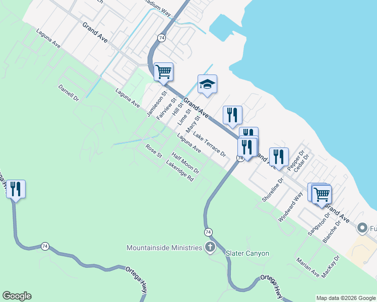 map of restaurants, bars, coffee shops, grocery stores, and more near 15640 Shadow Mountain Lane in Lake Elsinore