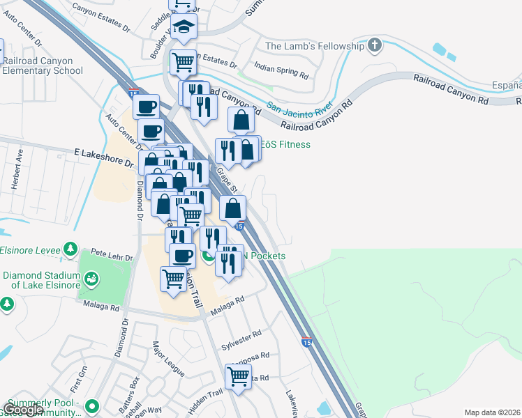 map of restaurants, bars, coffee shops, grocery stores, and more near 15412 Park Point Avenue in Lake Elsinore